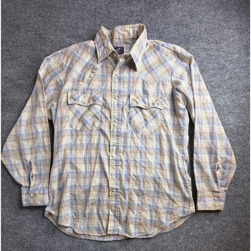 VTG Levi's Western Pearl Snap Long Sleeve Plaid‎ Button Up Shirt Men's XL USA